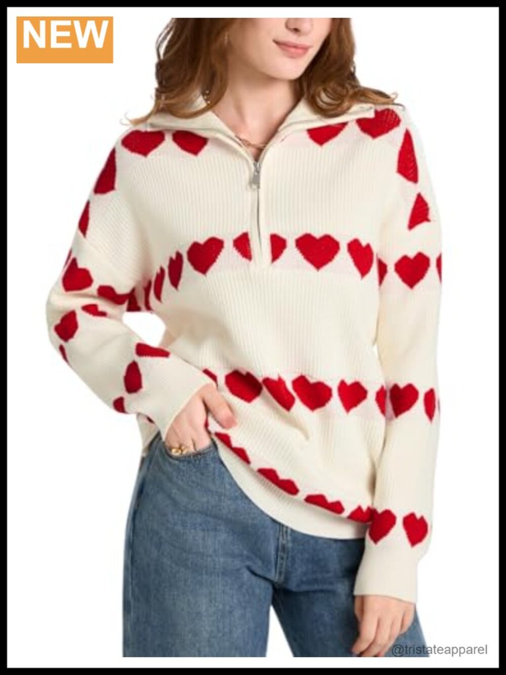 Oversized Chunky Quarter Zip Heart Sweater - Cute Kawaii Knit Pullover